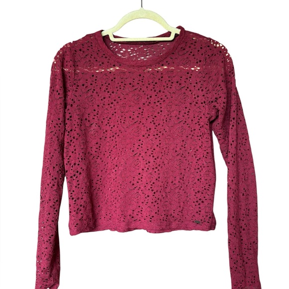 Tops - Lace Long Sleeve Top Lightweight Layering Cottagecore Romantic Raspberry Small